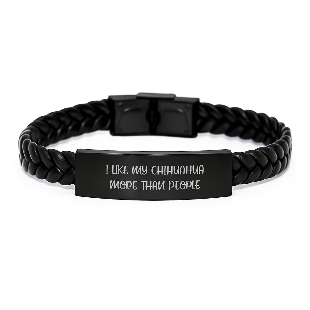Funny Chihuahua Dog Gifts from Friends for Birthday Unique Interlaced Leather Bracelets with I Like My Chihuahua More Than People Quote, Stainless Steel and PU Leather, 7.87 inches - Image 1